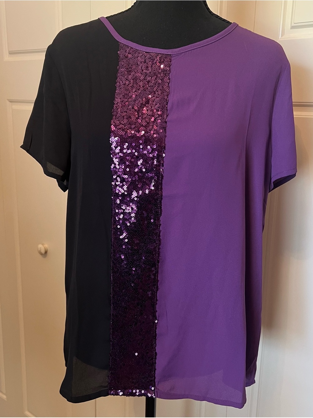 SHEIN Purple and Black Short Sleeve Sequin Panel Top